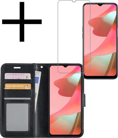 Hoesje - Met Screenprotector - Geschikt voor OPPO A16 - Luxe Pasjeshouder - Bookcase Portemonee - Flip Case - Kunstleer Book Case - Flipcase - Book Cover - Walletcase - Portemonneehoes - Zwart