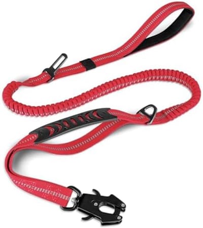 Tactische hondenriem, extra sterk, 1,2-1,8 m schokabsorberende bungee-lijn, 2 gevoerde handgrepen, metalen karabijnhaak, autogordel, sterke anti-trek lijn, middel- tot extra grote honden-Rood