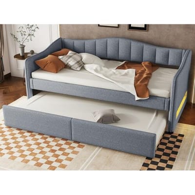 ModernLuxe 90x200cm bedbank met LED + 90x190cm onderschuifbed - bekleed met linnenstof - Grijs (matras niet inbegrepen)
