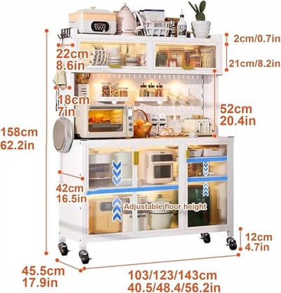 Keukenrek met Magnetronhouder 143 cm – Industriële Metalen Keukentrolley met Opbergruimte, Pegboard & Dubbele Flip Deuren, Verstelbare Planken & 150 kg Draagkracht – Keuken Organizer Opbergrek