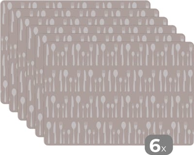 Placemat - Placemats kunststof - Bestek - Patroon - Keuken - 45x30 cm - 6 stuks - Hittebestendig - Anti-Slip - Onderlegger - Afneembaar