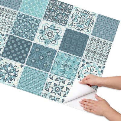 Coloray Meubel Wrap Folie - Blauw Meubelfolie - 75x150 cm - Meubelfolie Zelfklevend Turkooizen tegels - Wrapfolie Keuken - Vintage Meubelfolie - Decoratiefolie - Tafeldecoratie - Achtergronden en patronen