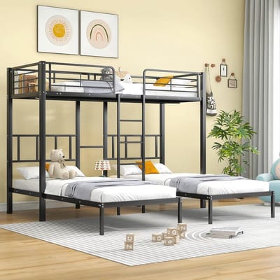 Driepersoons Stapelbed - IJzeren Bed Kinderen - Ruimte Besparen Slapen - Met Valbescherming Tafel - 90x200 cm - Zwart
