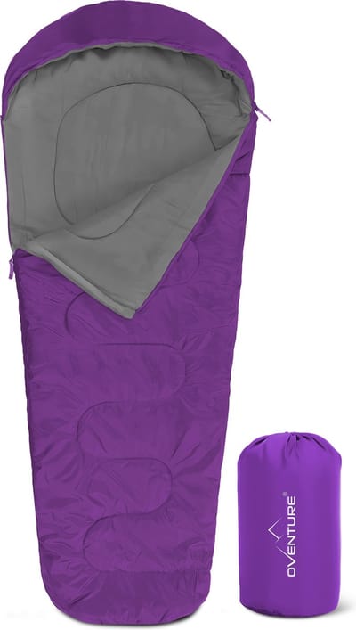 Oventure SleepPlus slaapzak | 230 x 80 cm | Mummy slaapzak | 3-seizoenen | Comfortabel tot 6 °C | Voor kamperen, backpacken en festivals | Lichtgewicht en compact | Slaapzak met capuchon | Inclusief draagtas | Paars