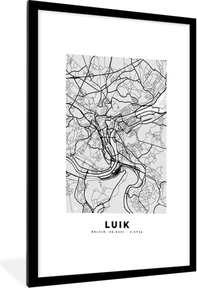 Fotolijst incl. Poster Zwart Wit- Stadskaart – Plattegrond – België – Zwart Wit – Luik – Kaart - 60x90 cm - Posterlijst