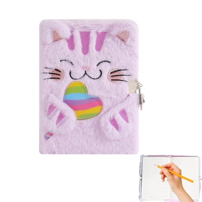 Dailygoods - dagboek voor meisjes met slot + geheim notitieboek A5 formaat 21,5x15,5 cm + pluche omslag kat ontwerp + paars regenboogkleurig + cadeau voor verjaardag of feest