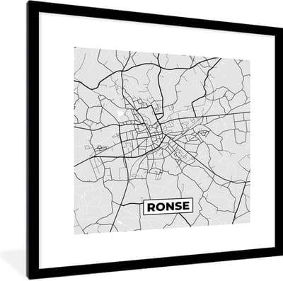 Fotolijst incl. Poster Zwart Wit- Zwart Wit – België – Plattegrond – Stadskaart – Kaart – Ronse - 40x40 cm - Posterlijst