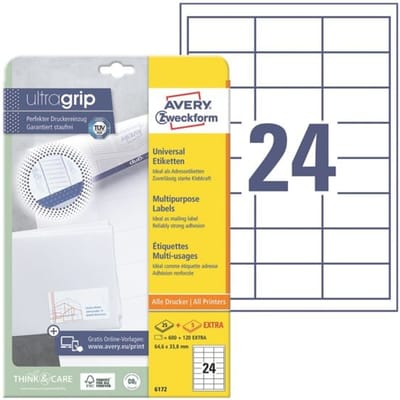 AVERY Universele etiketten  6172, 64,6 x 33,8 mm, 600 + 120 stuks