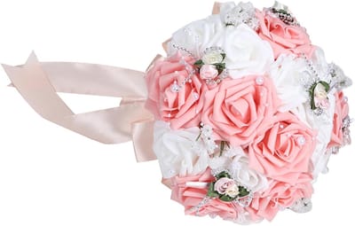Bruidsboeket Kunstbloemen - Bruidsbloemen Decoratie - Bruiloft Accessoire - Zijden Bloemen Parels - 26 cm Lengte - Roze