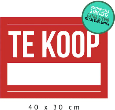 Bord/ paneel | "Te koop" | 40 x 30 cm | Ideaal voor buiten | For sale | Immobiliën | Huis verkopen | Woning verkopen | Makelaar | Rood | 1 stuk