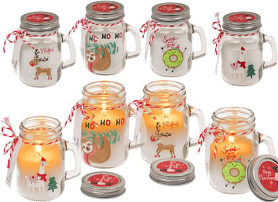 Without Lemon - Set van 4 - Kerst Kaars in Glazen Pot met Handvat - Mason Jar met Kerstprint - Warme en gezellige kerstsfeer - Kerstcadeau Idee
