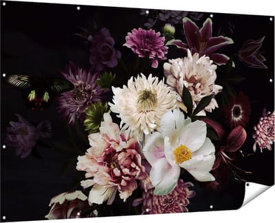 Gards Tuinposter Diverse Bloemen op Zwart Achtergrond - 180x120 cm - Tuindoek - Tuindecoratie - Wanddecoratie buiten - Tuinschilderij