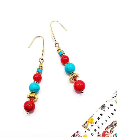 Jeannette-Creatief® - Natuursteen - Oorhangers met Natuursteen Turkoois & Calciet Red Marble Look & Gouden DQ Baroque bewerkte kralen - Oorbellen met Natuursteen - Oorbellen - Sieraden