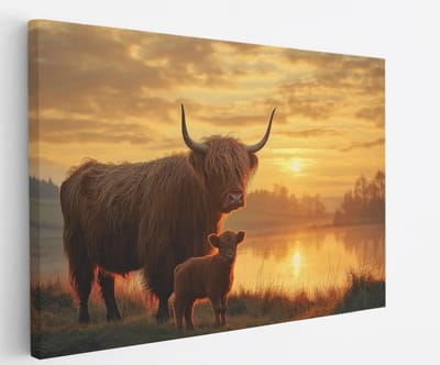 Saammp - Canvas Schilderij - Schotse Hooglander Koe - Kalf - Zonsondergang - Dieren - Natuur - 45x30 - Foto op canvas - Wanddecoratie - muurdecoratie Woonkamer - Slaapkamer decoratie - Canvas Print