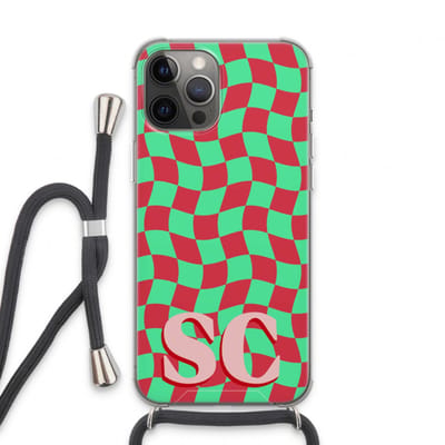 Gepersonaliseerd - Case Company® - Hoesje met koord geschikt voor iPhone 13 Pro Max hoesje met Koord - Grid Monogram - Telefoonhoesje met Zwart Koord - Extra Bescherming aan alle Kanten en Over de Schermrand