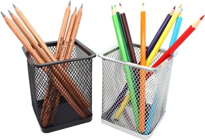 Vierkante Desktop Pennenhouder - Bureauaccessoires, Organizer, Make-up Borstels, Set van 2 in Zwart en Zilver voor een Georganiseerde Werkplek