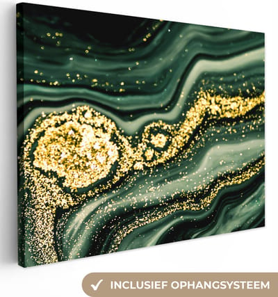 Canvas schilderij 40x30 cm - Wanddecoratie Marmer - Goud - Glitter - Groen - Marmerlook - Luxe - Muurdecoratie woonkamer - Slaapkamer decoratie - Kamer accessoires - Schilderijen op canvas