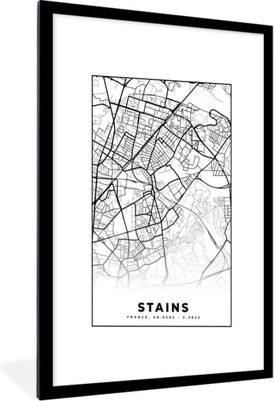 Fotolijst incl. Poster Zwart Wit- Stains - Stadskaart – Plattegrond – Kaart – Frankrijk - Zwart wit - 60x90 cm - Posterlijst