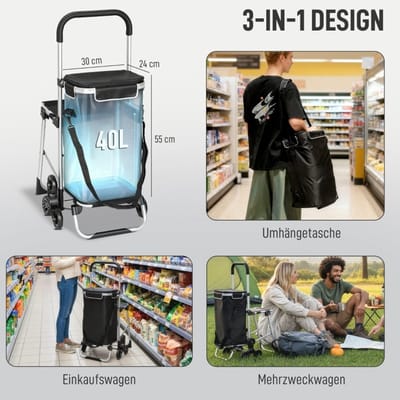 MEUNIQ boodschappentrolley 40 L met 3-rad-design, inklapbaar aluminium frame, afneembare Oxford-tas, verstelbare handgreep en zitfunctie voor boodschappen doen, zwart