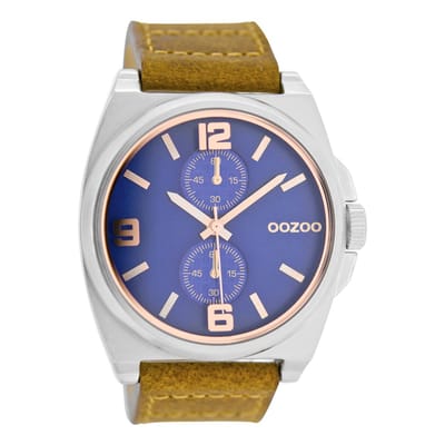 OOZOO Timepieces - Zilverkleurige horloge met camel leren band - C6756