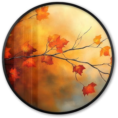 Poster in lijst Rond - Fotolijst 60x60 cm - Posters - Herfstbladeren - Oranje - Abstract - Herfsttakken - Natuur - Ronde posterlijst zwart - Decoratie - Wanddecoratie woonkamer - Muurdecoratie slaapkamer