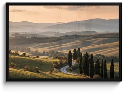 Poster in lijst - Fotolijst 90x60 cm - Posters - Toscaans - Landschap - Heuvels - Posterlijst zwart - Decoratie - Wanddecoratie woonkamer - Muurdecoratie slaapkamer