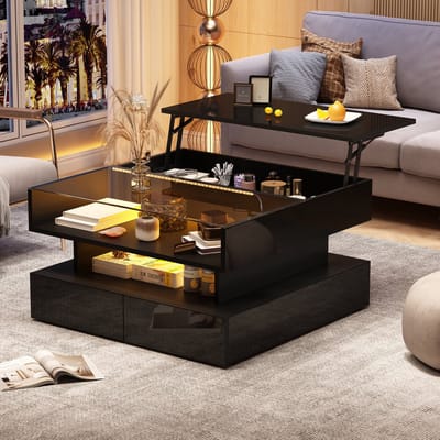 DESMIU Salontafel - Opklapbaar Met Verborgen Opbergruimte En Ledverlichting - Voor Woonkamer En Werkhoek - Spaanplaat En Glas - Zwart - 80x80x45 Cm