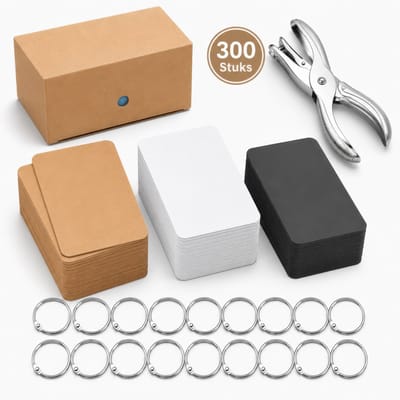 300 Stuks Blanco Mini Kraft Kaarten met 20 Klikringen & Papier Gaatjestang - Flashcards in Bewaarbox - Systeemkaarten Ringen - Karton Flitskaarten - Kraftpapier Cadeaulabels/ Bedankt Kaartjes - Lege Wenskaarten\Naamkaartjes - Kleine Verjaardagskaart