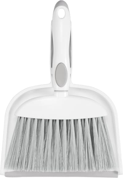 Kleine Vuilnisbak en Borstel Set – Mini Vegen en Vuilnisbak Set, Kleine Handvegen en Borstel Combinatie, Vuilnisbak met Tanden voor Huishoudelijke Reiniging, Laden, Bureaus, Banken, Huisdierverzorging en Buiten (Wit & Grijs)