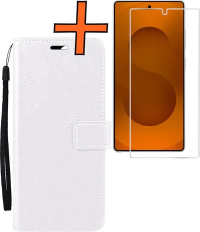 Hoes - Met Screenprotector - Geschikt voor Samsung Galaxy S25 Ultra - Luxe Pasjeshouder - Bookcase Portemonee - Flip Case - Kunstleer Book Case - Flipcase - Book Cover - Walletcase - PortemonneeHoes - Wit