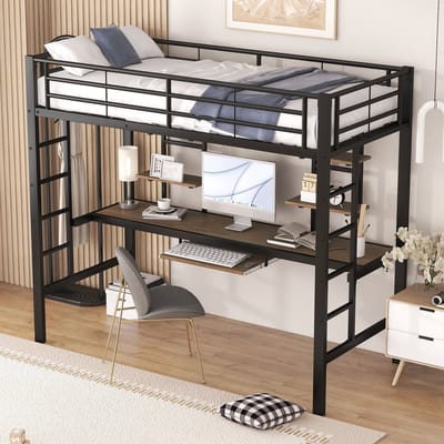 Hoogslaper met bureau en twee boekenplanken - voor kinderen - tieners en volwassenen - 90x200 cm - zwart