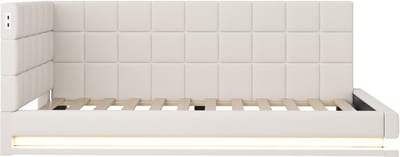 Gestoffeerd Bed / Slaapbank 90×200cm Beige met Linnenstof, Multifunctioneel Bed zonder Matras met LED-verlichting, USB-aansluiting en Lattenbodem, Moderne Slaapoplossing