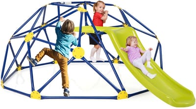 COSTWAY Klimkoepel en Speelset, Geometrische Koepel met Glijbaan, Draagvermogen van 180 KG, Speeltuin voor Kinderen van 3 tot 10 Jaar, Ideaal voor Gym, Achtertuin, Tuin, Park