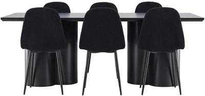 Olivia eethoek tafel 100x210cm en 6 teddy stoelen zwart.