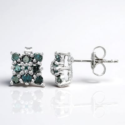Cavill - 925 Sterling Zilver Oorbellen - 18 Fancy Diamanten 0,735 ct - 18K Goud Verguld - Moderne 8mm Vierkante Studs - Groen