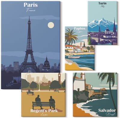 Wallfluent Set van canvas schilderijen - Europese steden en hun retro-toeristische iconen Canvas Schilderijen Set - Set van 5 Canvas Schilderijen - Blauw Set van Canvas Prints - Steden Canvas Kunst Set - Boheemse Canvas Kunst Set