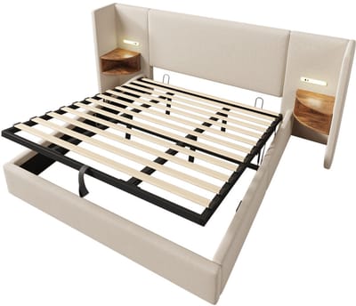 Gotagee Gestoffeerd bed tweepersoonsbed opbergbed multifunctioneel bed bed zonder hoofdboard slaapkamerbed logeerbed hoofdbord met twee opbergplanken linnen stof Bed met opbergruimte Bed zonder matras 180x200cm