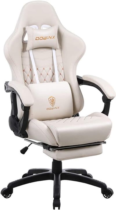 Dowinx Luxe Gamingstoel - Ergonomische Bureaustoel - PU - Massage-Lendensteun, Voetsteun, Verstelbare Rugleuning 90°-170°, Tot 200 kg - Wit