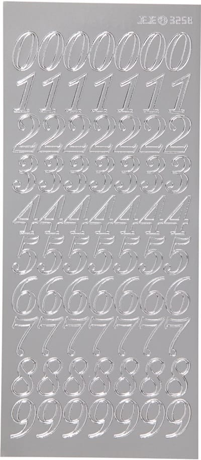 Stickers, cijfers, vel 10x23 cm, zilver, 1 vel
