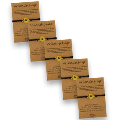Vriendschapsarmbandjes voor 5 "Vriendschap" - Zonnebloem - BFF Armbandjes met Persoonlijk Cadeau Kaartje - Zwart met Bloem Hanger - Op Vijf Kaartjes- Pax Amare