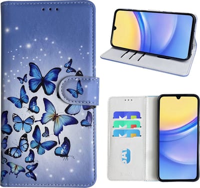 Hoesje geschikt voor Samsung Galaxy A15 Bookcase met Blauw vlinder print