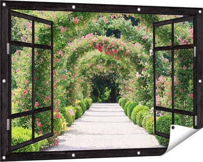 Gards Tuinposter Doorkijk Rozenbogen Tunnel - 120x80 cm - Tuindoek - Tuindecoratie - Wanddecoratie buiten - Tuinschilderij