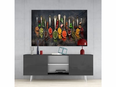 Glasschilderij - Glasschilderij – Kleurrijke Specerijen op Lepels – Moderne Keuken Wanddecoratie - 140x90 cm