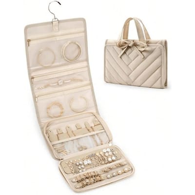 1 Pièce Boîte de Rangement pour Bijoux de Voyage, Rouleau Pliable pour Bijoux, Convient Pour Voyager Anneaux, Colliers, Boucles d'Oreilles, Bracelets Cadeaux Femmes Filles Retour à l'École beige