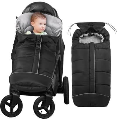 Voetenzak voor kinderwagen - Winter Babyvoetenzak met Capuchon en Ritssluiting - Afneembaar en Wasmachinebestendig - Zwart