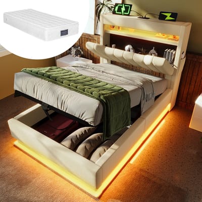 Komhtom Gestoffeerd eenpersoonsbed 90 x 200 cm, hoofdeinde met opbergruimte en USB- en Type C-poorten, led-verlichting aan het hoofdeinde en voeteneinde, hydraulische opbergruimte, linnenkleur, inclusief matras.