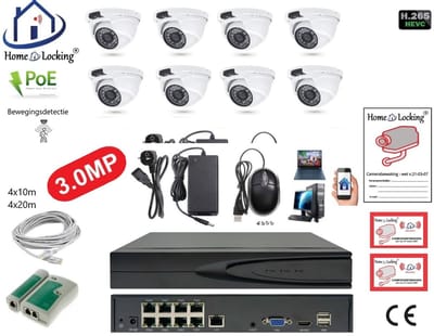 Home-Locking complete set PoE camera beveiligingssysteem met bewegingsdetectie camera's en NVR 8ch 8MP H265 met 8 dome metaal camera's 3.0MP. CS-8-1480