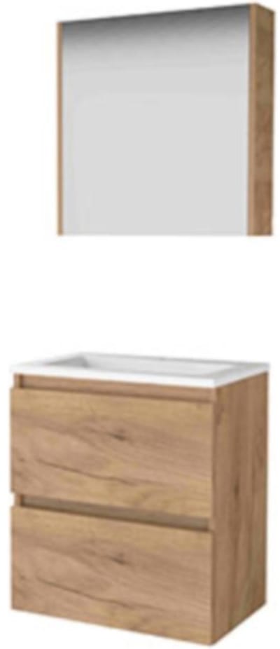 Basic-Line Comfort 39 Badkamermeubelset - Ondiep - 60 x 39 cm - Greeploos - 2 Lades - Acryl Wastafel - 1 Kraangat - Spiegelkast - Whisky Oak
