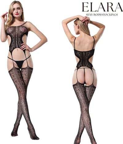 Elara - Violetta - Bodystocking Erotische Lingerie met Open Kruis - Catsuit - S t/m XL - Sexy Dames Lingerie