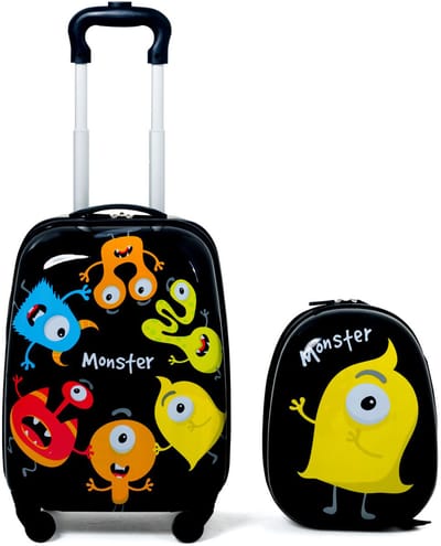 COSTWAY Kinderkoffer, 2-delige kinderkoffer met rugzak, Kindertrolley, Handbagage koffer lichtgewicht, Reiskoffer met wielen, cadeau voor kinderen, 12"+16", Monster, 2 jaar kwaliteitsgarantie
